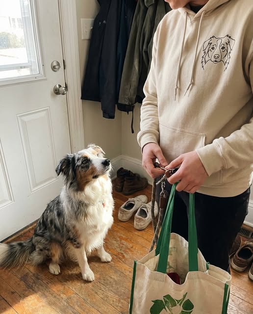 Person wearing a custom dog portrait hoodie while holding a tote beside their dog