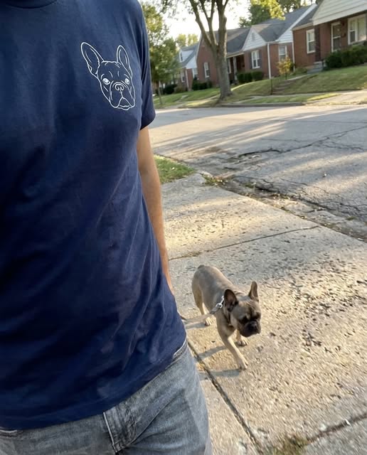 Person wearing a navy custom dog portrait T-shirt while walking their dog